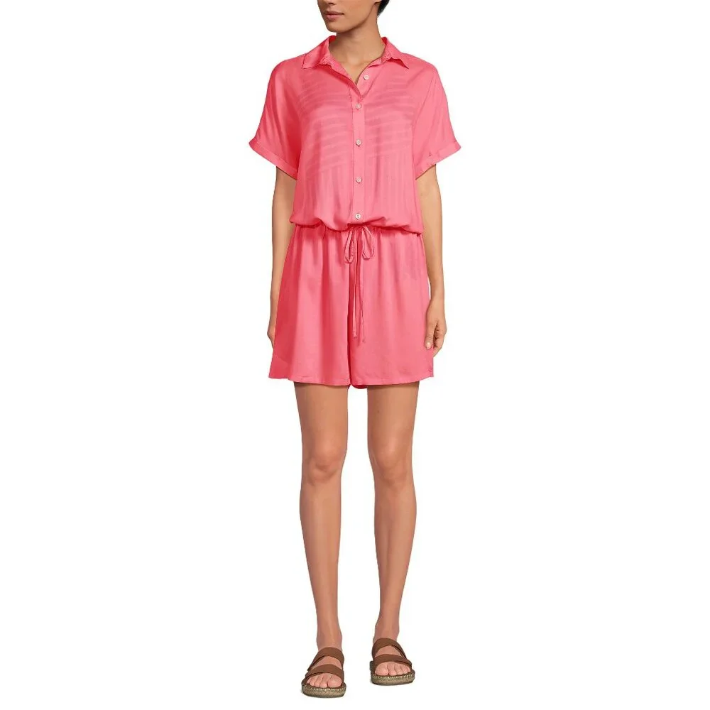 Lands' End Women's 1X, M-L LONG Button Front Swim‎ Cover-up Romper Wood Lily